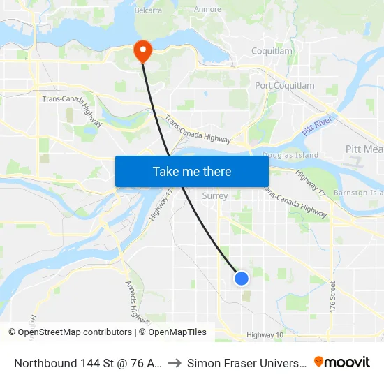 Northbound 144 St @ 76 Ave to Simon Fraser University map