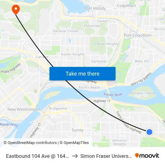 Eastbound 104 Ave @ 164 St to Simon Fraser University map