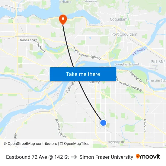 Eastbound 72 Ave @ 142 St to Simon Fraser University map