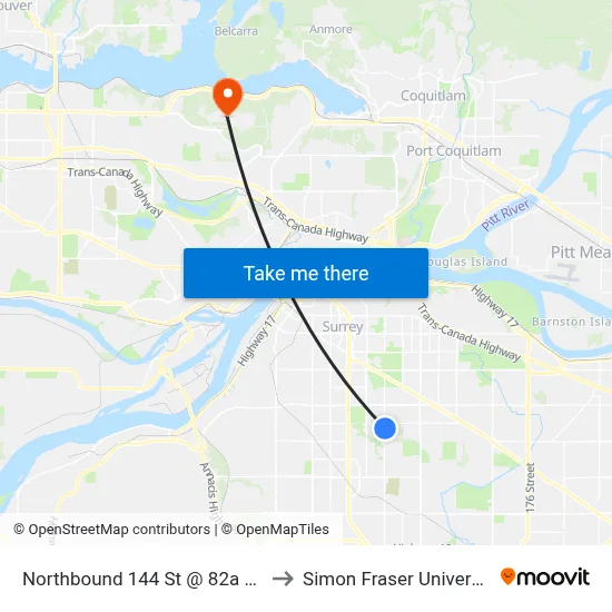 Northbound 144 St @ 82a Ave to Simon Fraser University map