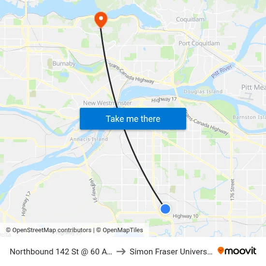 Northbound 142 St @ 60 Ave to Simon Fraser University map