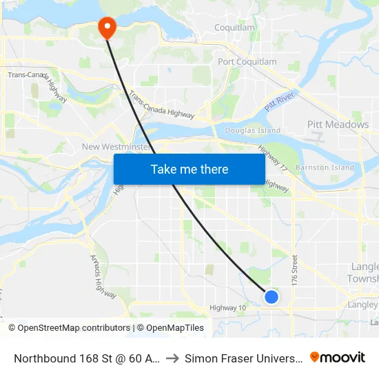 Northbound 168 St @ 60 Ave to Simon Fraser University map