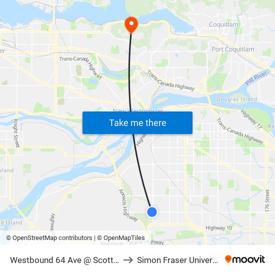 Westbound 64 Ave @ Scott Rd to Simon Fraser University map