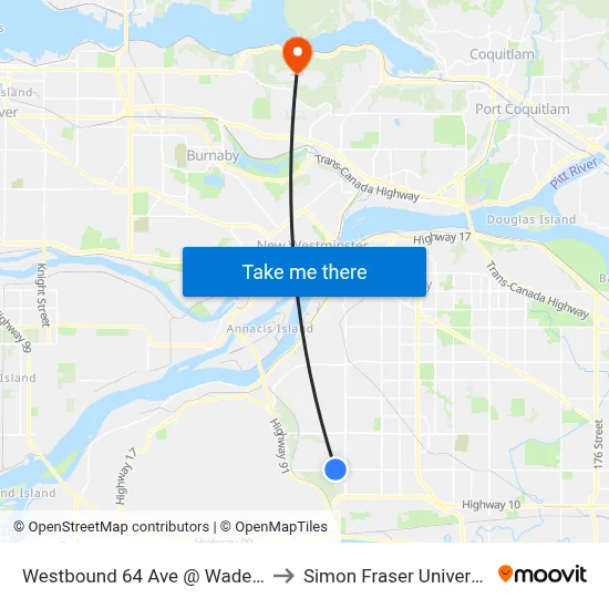Westbound 64 Ave @ Wade Rd to Simon Fraser University map
