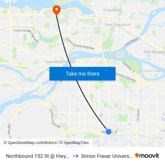 Northbound 152 St @ Hwy 10 to Simon Fraser University map