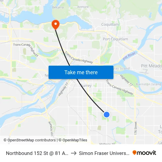 Northbound 152 St @ 81 Ave to Simon Fraser University map