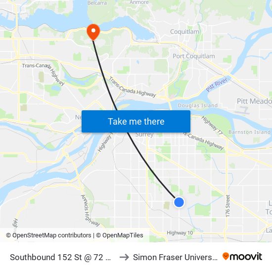 Southbound 152 St @ 72 Ave to Simon Fraser University map