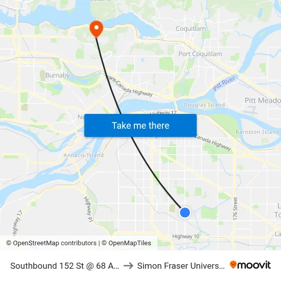 Southbound 152 St @ 68 Ave to Simon Fraser University map