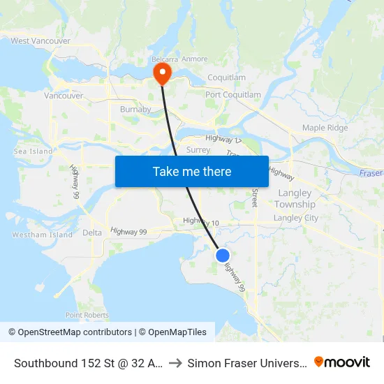 Southbound 152 St @ 32 Ave to Simon Fraser University map