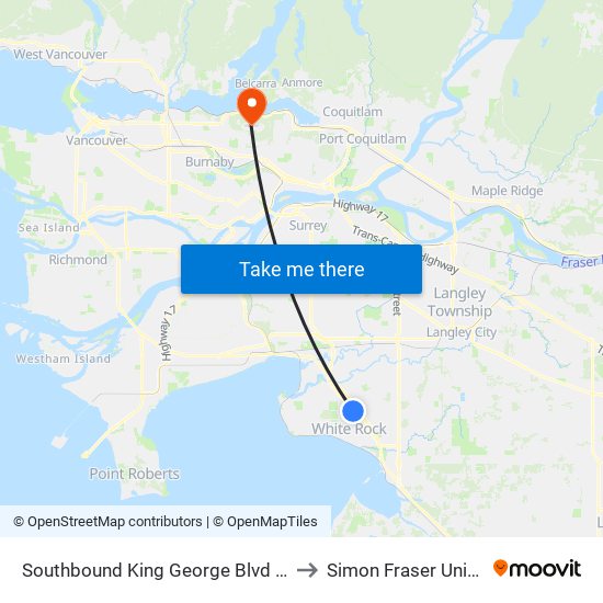 Southbound King George Blvd @ 24 Ave to Simon Fraser University map