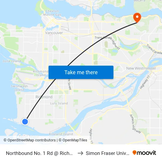 Northbound No. 1 Rd @ Richmond St to Simon Fraser University map