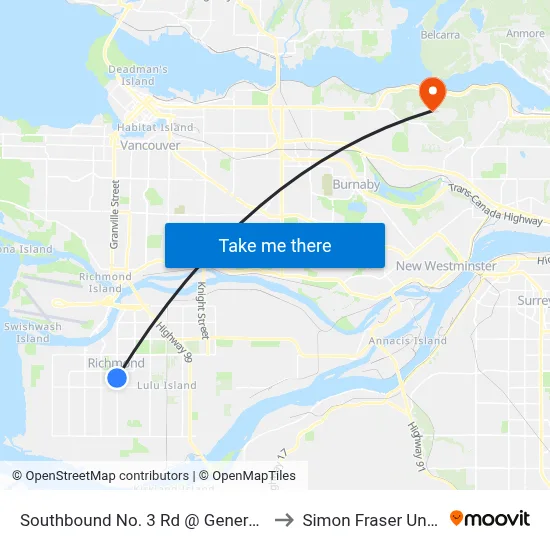 Southbound No. 3 Rd @ General Currie Rd to Simon Fraser University map