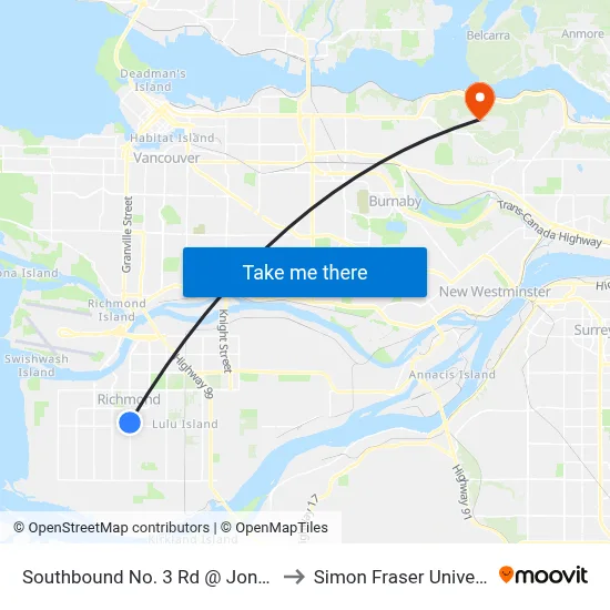 Southbound No. 3 Rd @ Jones Rd to Simon Fraser University map
