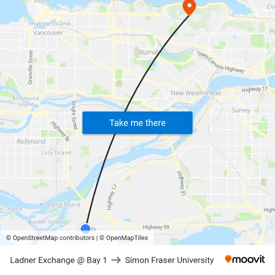 Ladner Exchange @ Bay 1 to Simon Fraser University map