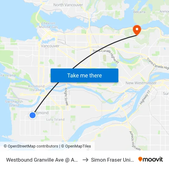 Westbound Granville Ave @ Azure Gate to Simon Fraser University map