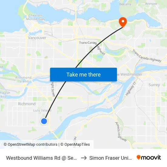 Westbound Williams Rd @ Seacote Rd to Simon Fraser University map