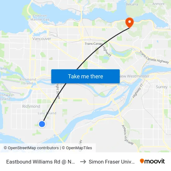 Eastbound Williams Rd @ No. 4 Rd to Simon Fraser University map