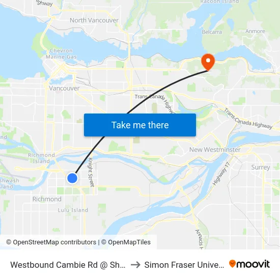 Westbound Cambie Rd @ Shell Rd to Simon Fraser University map