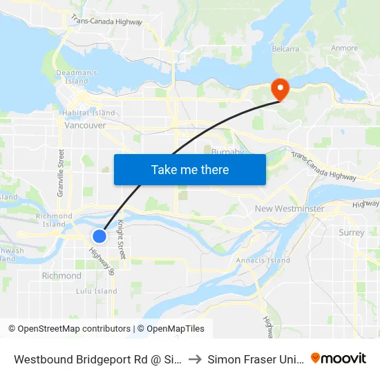 Westbound Bridgeport Rd @ Simpson Rd to Simon Fraser University map