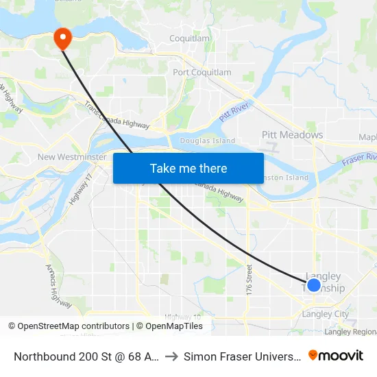Northbound 200 St @ 68 Ave to Simon Fraser University map