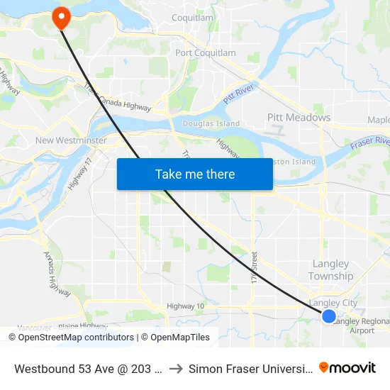 Westbound 53 Ave @ 203 St to Simon Fraser University map