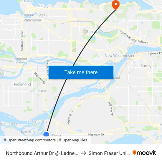 Northbound Arthur Dr @ Ladner Trunk Rd to Simon Fraser University map