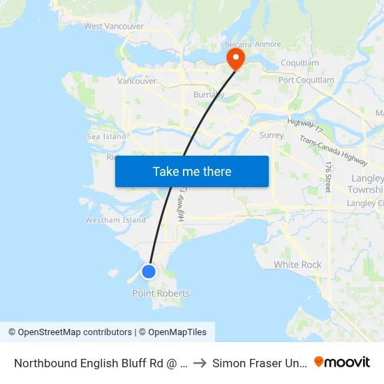 Northbound English Bluff Rd @ 1000 Block to Simon Fraser University map