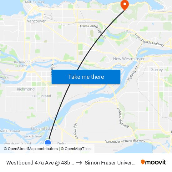 Westbound 47a Ave @ 48b St to Simon Fraser University map