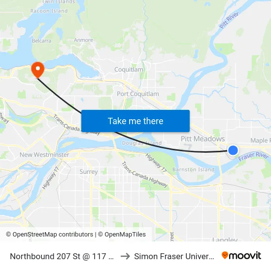 Northbound 207 St @ 117 Ave to Simon Fraser University map