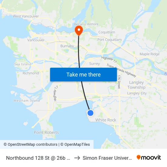 Northbound 128 St @ 26b Ave to Simon Fraser University map