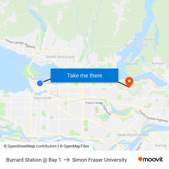 Burrard Station @ Bay 1 to Simon Fraser University map