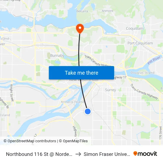 Northbound 116 St @ Nordel Way to Simon Fraser University map