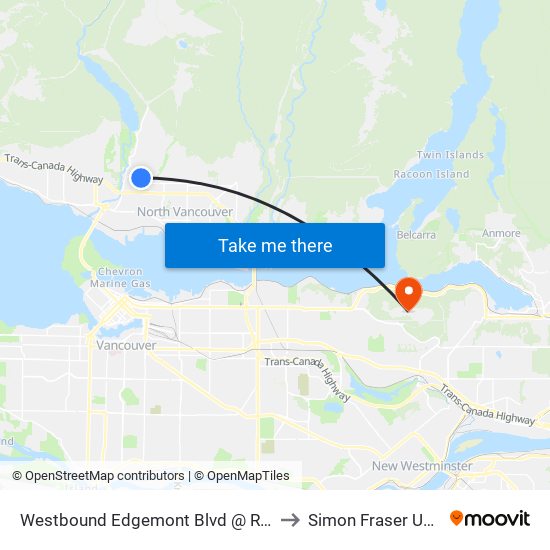 Westbound Edgemont Blvd @ Ridgewood Dr to Simon Fraser University map