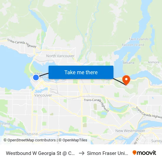 Westbound W Georgia St @ Cardero St to Simon Fraser University map