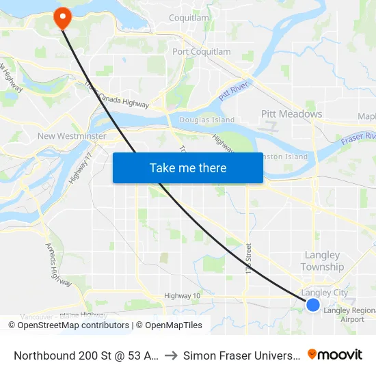 Northbound 200 St @ 53 Ave to Simon Fraser University map