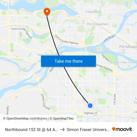 Northbound 152 St @ 64 Ave to Simon Fraser University map