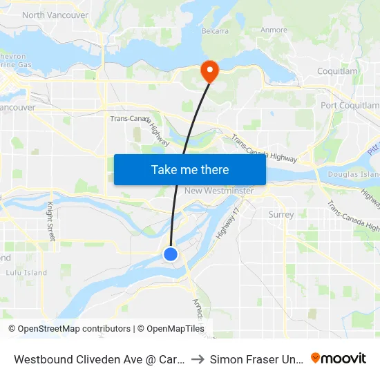 Westbound Cliveden Ave @ Carleton Court to Simon Fraser University map