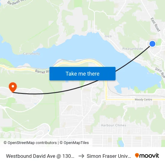 Westbound David Ave @ 1300 Block to Simon Fraser University map