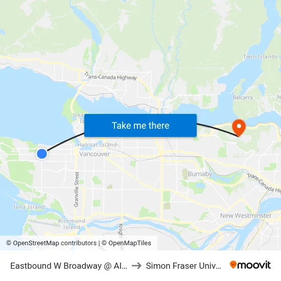 Eastbound W Broadway @ Alma St to Simon Fraser University map