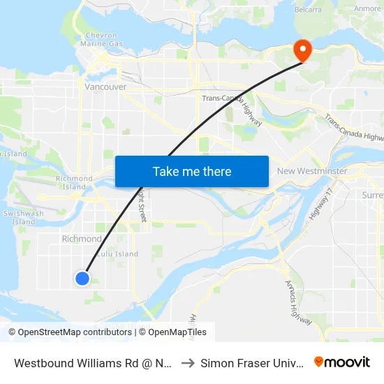 Westbound Williams Rd @ No. 3 Rd to Simon Fraser University map