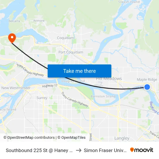 Southbound 225 St @ Haney Bypass to Simon Fraser University map