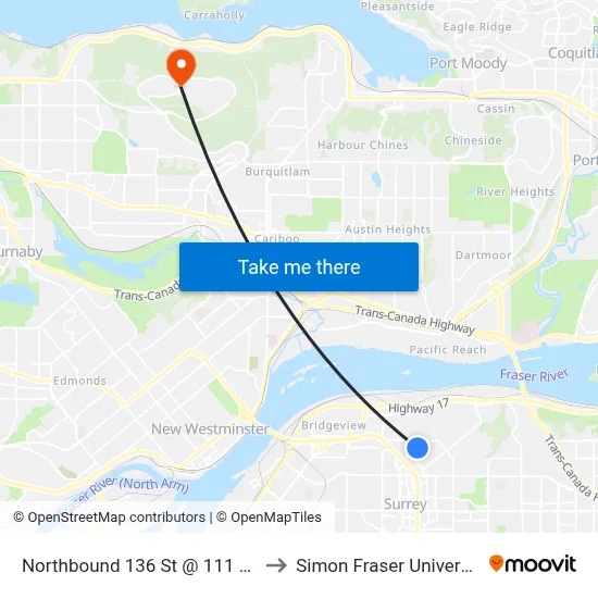 Northbound 136 St @ 111 Ave to Simon Fraser University map