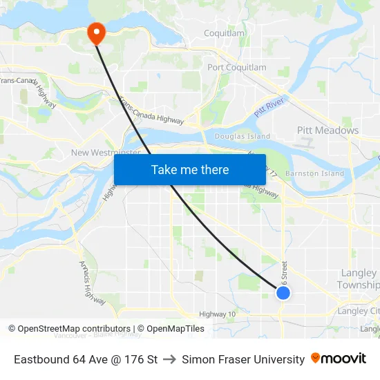 Eastbound 64 Ave @ 176 St to Simon Fraser University map