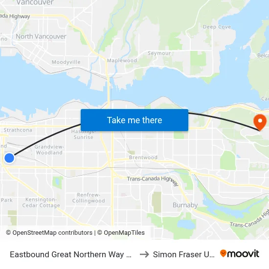 Eastbound Great Northern Way @ Brunswick St to Simon Fraser University map