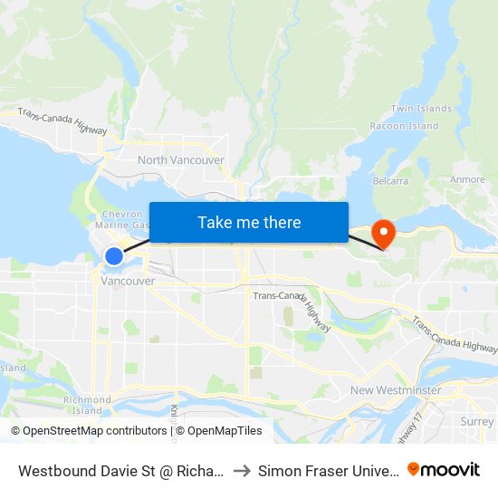 Westbound Davie St @ Richards St to Simon Fraser University map