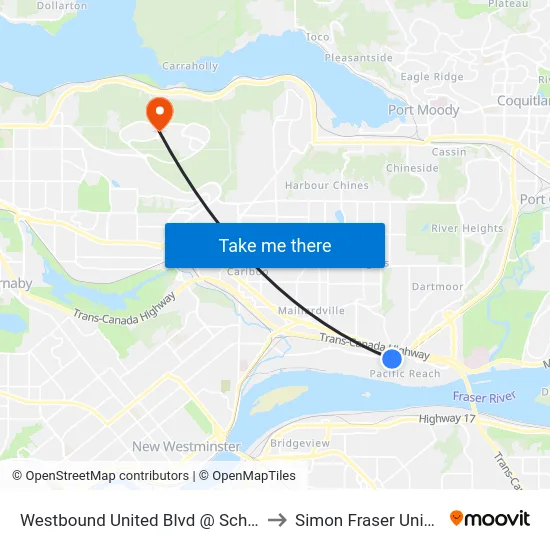 Westbound United Blvd @ Schooner St to Simon Fraser University map
