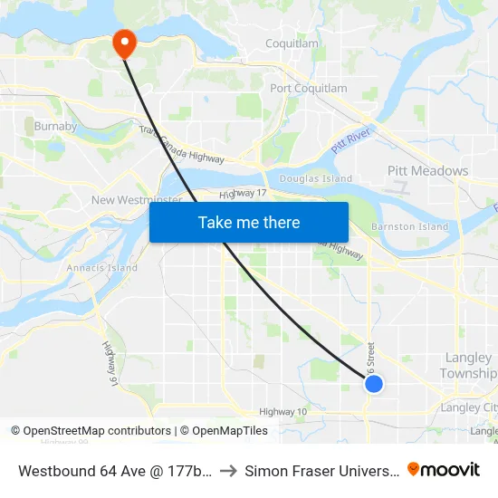Westbound 64 Ave @ 177b St to Simon Fraser University map