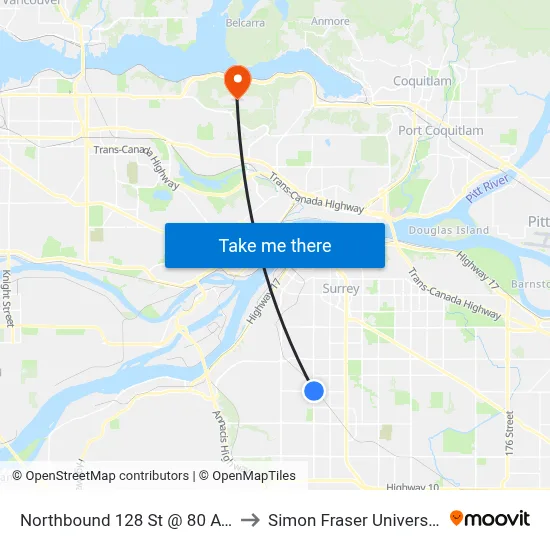 Northbound 128 St @ 80 Ave to Simon Fraser University map