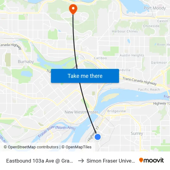 Eastbound 103a Ave @ Grace Rd to Simon Fraser University map