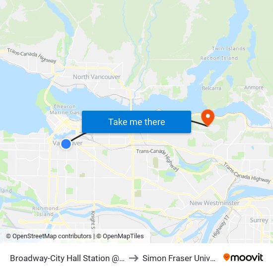 Broadway-City Hall Station @ Bay 4 to Simon Fraser University map